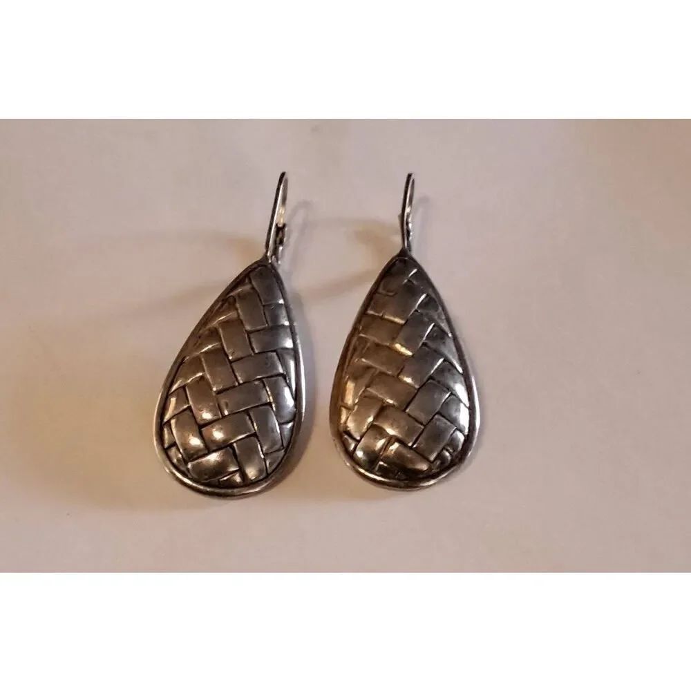 Gorgeous Bold 925 Sterling Silver Basket Weave Pear Leverback Earrings